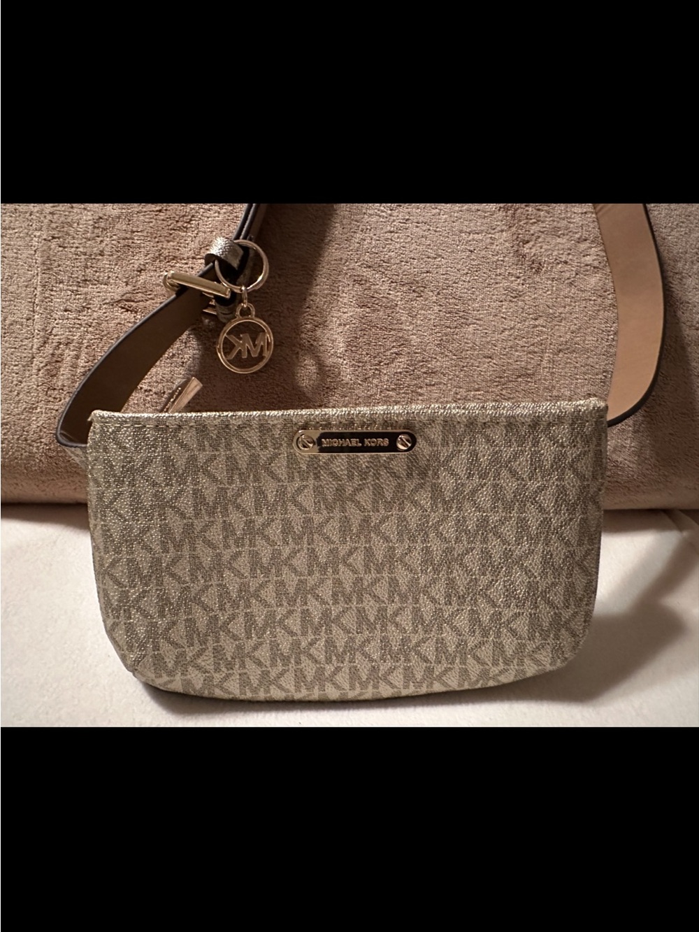 Michael Kors Beige Logo Jacquard Crossbody Belt Bag with Gold Hardware
